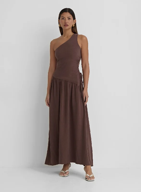Overstock Brown Linen One Shoulder Cut Out Detail Dress- Clara