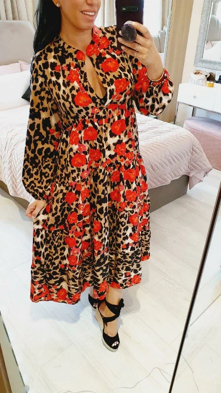 Super Sale Enrika Red Flower Print Leopard Tiered Floaty Maxi Dress