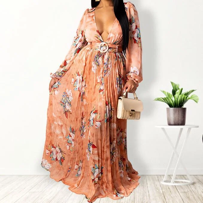 Reduced Prices V-neck Chiffon Floral Print Pleated Maxi Dress