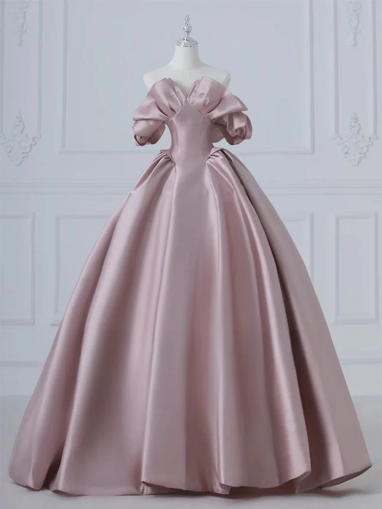 Deal Frenzy A-Line Pink Satin Long Off Shoulder Prom Dress Quinceanera Dress