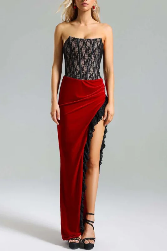 Exclusive Savings Strapless Lace Patchwork Off Shoulder Backless High Slit Slim Dress Elegant Evening Party Gown