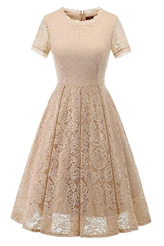 Extra Savings Elegant Lace Swing Party Short Prom Dress Short Sleeve Solid Evening Dresses