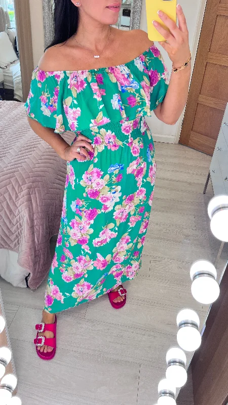 Best Bargains Belissini Floral Print Bardot Frill Maxi Dress