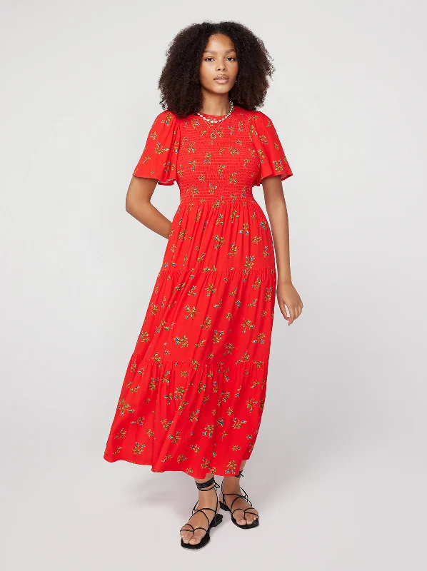 Holiday Sale Bridget Red Rosebud Shirred Maxi Dress