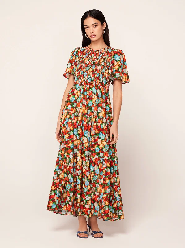 Price Drop Alert Bridget Blue Impressionist Floral Print Shirred Dress