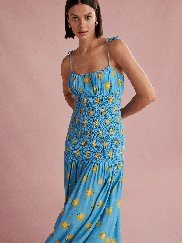 Year-End Sale Andrea Blue Sunflower Print Maxi Dress