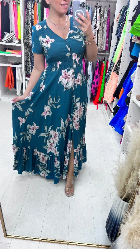 Warehouse Sale Doreen Teal Lily Print Ruffle Hem Maxi Dress