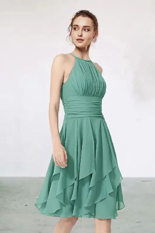 Amazing Deals Bridesmaid Dress Jewel Neck Sleeveless Pleat Mini Chiffon Wedding Party Dresses Cascading Ruffles
