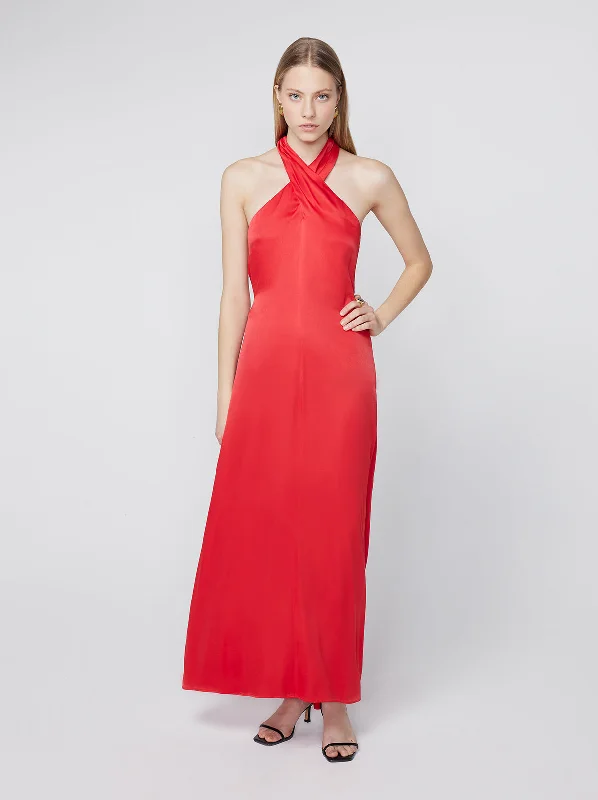 Savings Bonanza Neve Red Satin Halter Dress