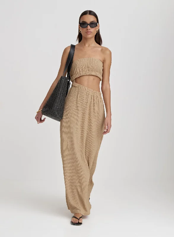 Weekend Deal Camel Textured Cut Out Bandeau Maxi Dress- Angie