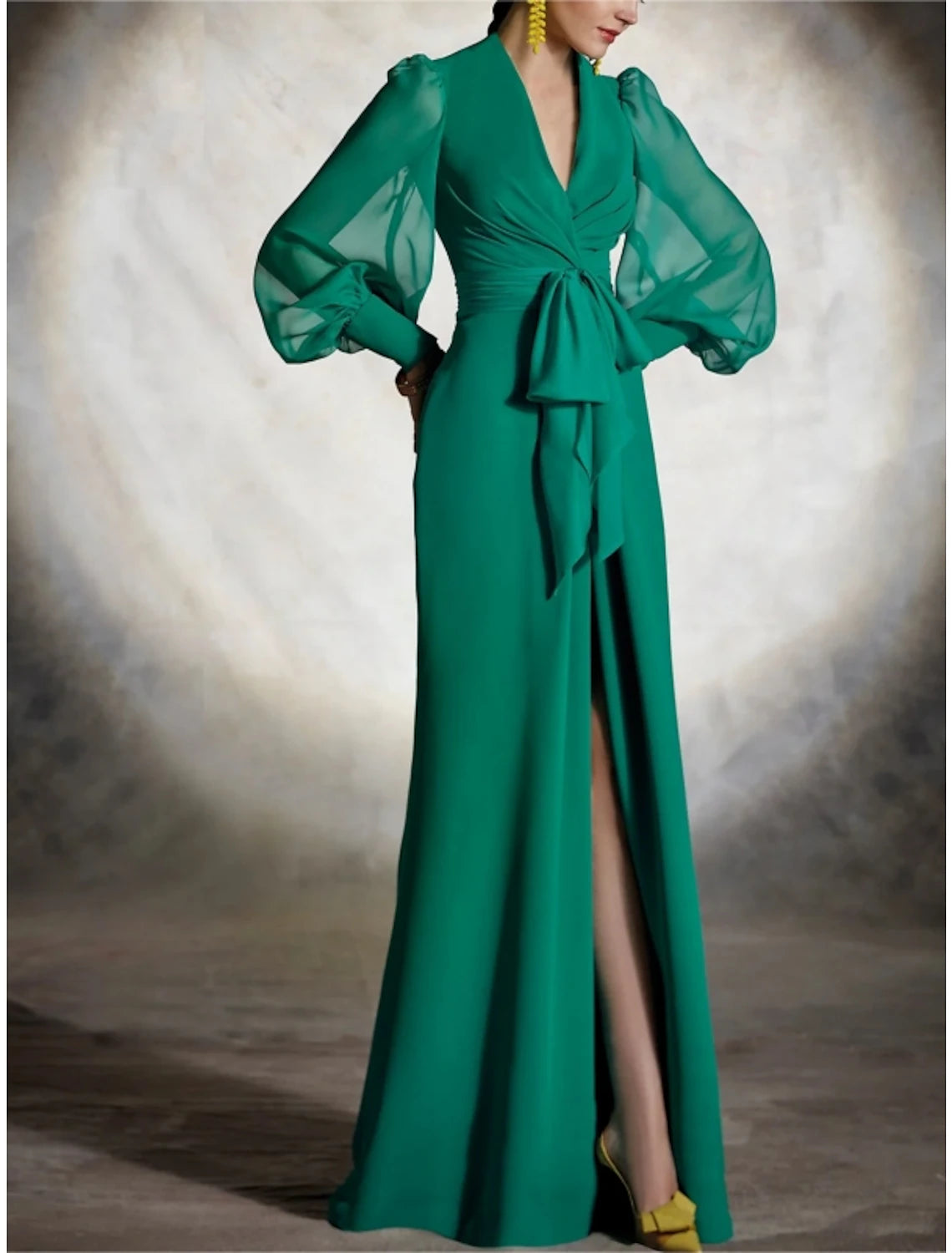 Markdowns Sheath Party Dress Wedding Guest Dresses High Split Dress Formal Fall Floor Length Long Sleeve V Neck Chiffon with Slit Butterfly Strappy