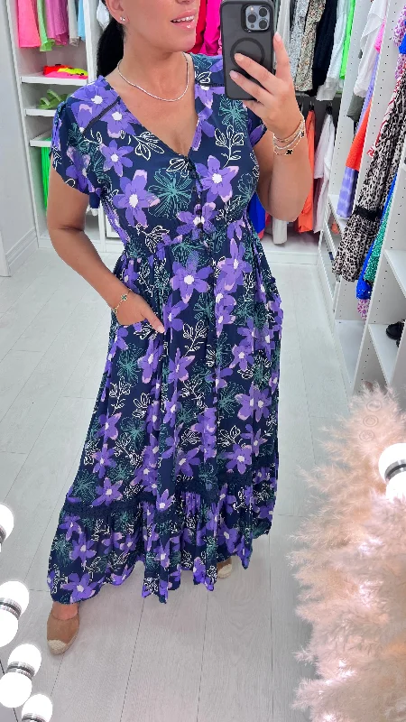 Bargain Prices Portia Purple Floral Print Ruffle Hem Maxi Dress