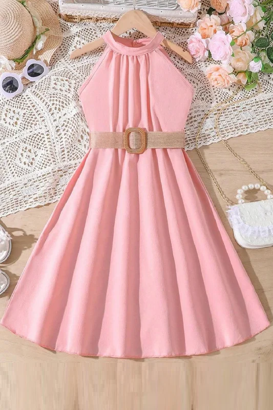 Must-Have Deals Summer Kids Girls Casual Dress Sleeveless Solid Off Shoulder Beach Dress Belt Clothes