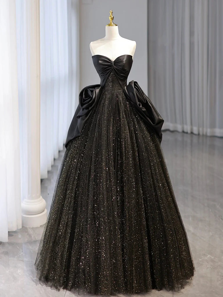 Customer Appreciation Sale Glitter A-Line Sweetheart Neck Tulle Satin Ballgown Black Long Prom Dress Customer Appreciation Sale Glitter A-Line Sweetheart Neck Tulle Satin Ballgown Black Long Prom Dress