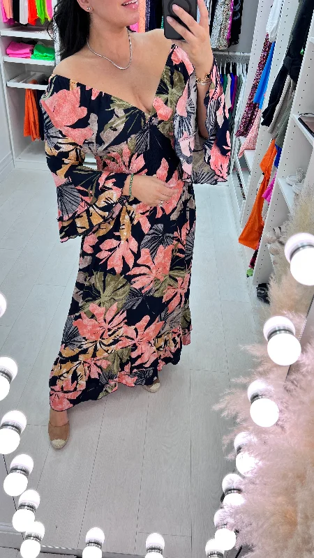 Super Bargain Sambina Tropical Floral Print Ruffle Maxi Dress
