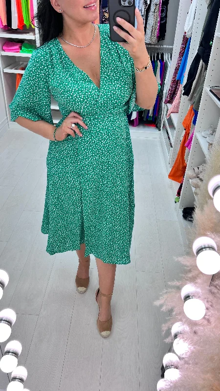 Limited Edition Evset Emerald Ditsy Print Wrap Midi Dress
