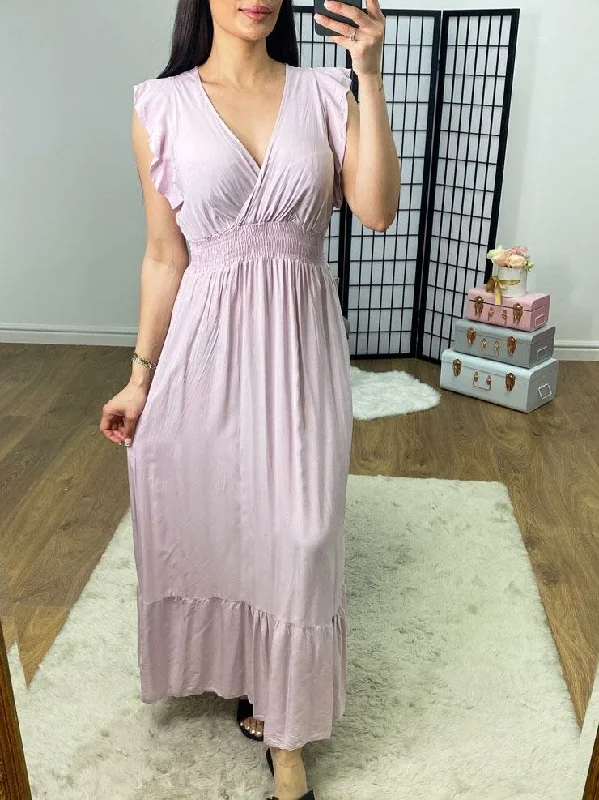 Midnight Madness Kenzill Plain V Neck Frill Hem Maxi Dress