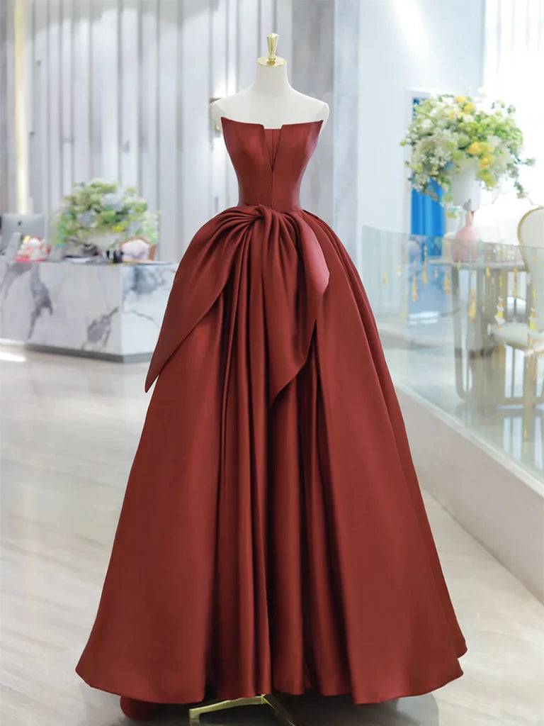 Can't Miss A-Line Satin Burgundy Long Strapless Prom Dress Ball Gown