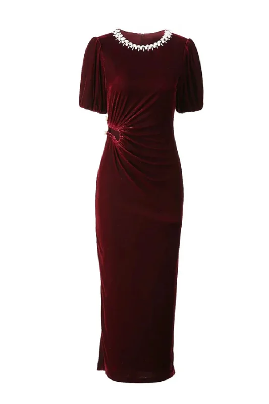 Savings Galore Crystal Beading Velvet Dress Women O-Neck Puff Sleeve Dresses