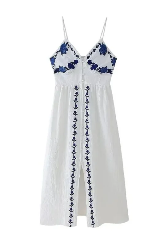 Discount Mania Embroidery Backless Sling Maxi Dress Deep Single Breasted Split Dresses Discount Mania Embroidery Backless Sling Maxi Dress Deep Single Breasted Split Dresses