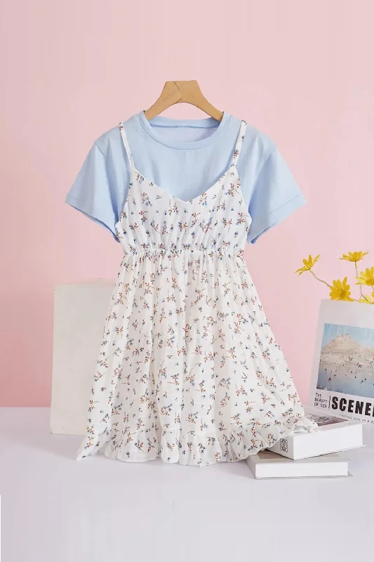 Warehouse Sale Floral Spaghetti Strap Dress with Blue T-Shirt