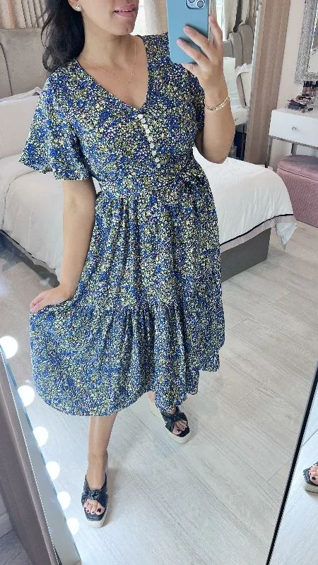Amazing Deals Barbs Navy Ditsy Floral Print Tiered Hem Dress