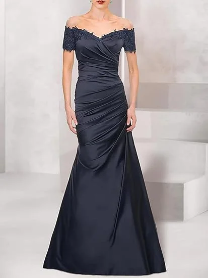 Instant Discount Mermaid Mother of The Bride Dress Wedding Guest Elegant Vintage Off Shoulder V Neck Satin with Lace Ruched Party dress Prom Dress Stores
