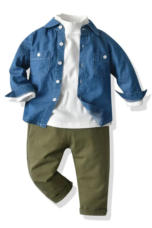 Online Only Toddler Children Clothing Spring Solid Blue Shirt White T-Shirt Green Pants 3 PCS/Set for Infant Boys Kits Casual Outfit Online Only Toddler Children Clothing Spring Solid Blue Shirt White T-Shirt Green Pants 3 PCS/Set for Infant Boys Kits Casual Outfit