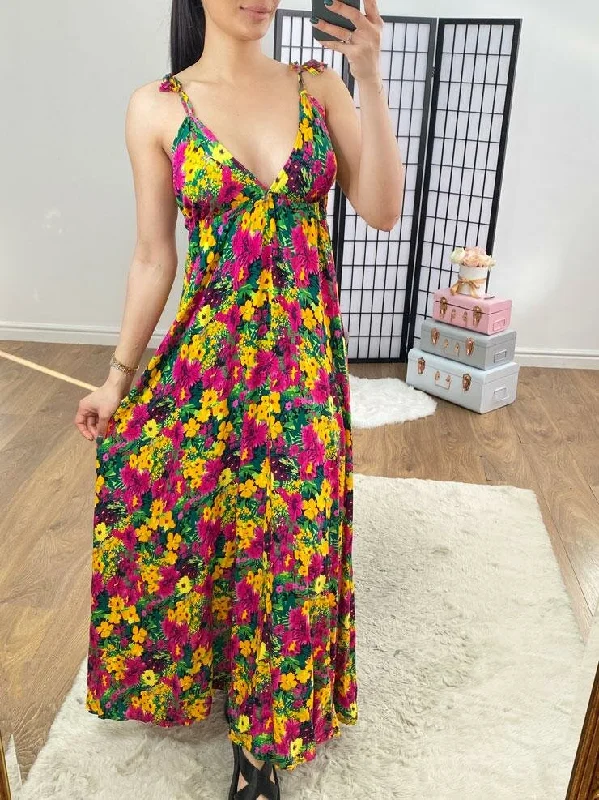 Instant Discount Suranne Yellow Deep V Back Floral Maxi Dress