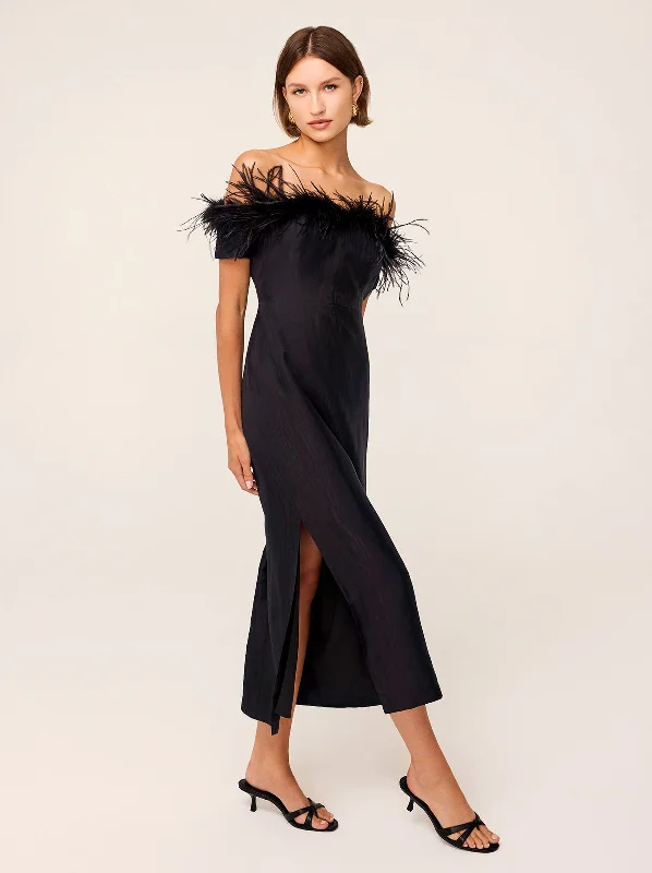 Stock Clearance Vivien Black Feather Midi Dress