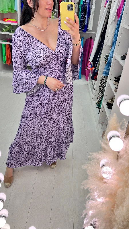 Markdowns Jinti Lilac Dalmation Print Ruffle Maxi Dress