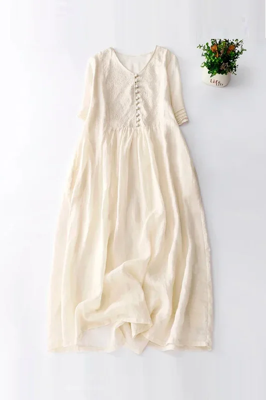 Epic Deals Summer Quality Embroidery Linen Dress Apricot Literary Long Dresses Soft