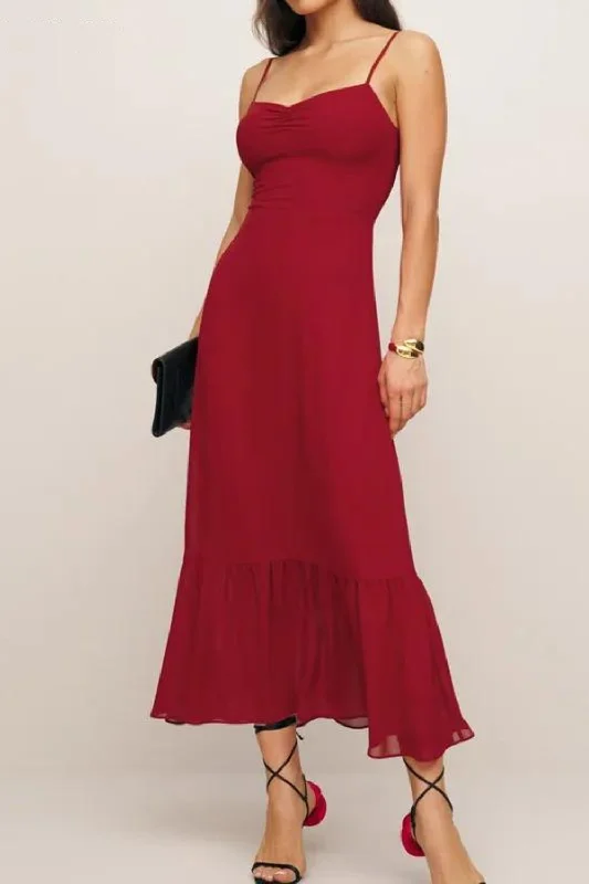 Unmissable Offer Retro French Style Solid Dark Red Ruched V neck Sling Dress Women