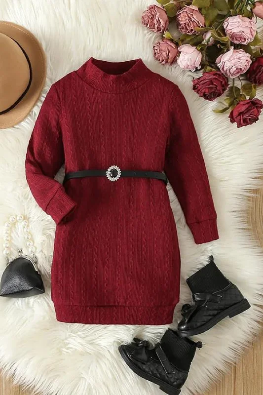 Price Buster Autumn Kids Girls Casual Princess Dress Long Sleeve Turtleneck Knit Dress Belt Spring Clothes