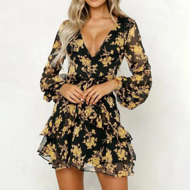 Limited Time Offer Women's Summer Casual Floral V-Neck Mini Dress With Ruffles