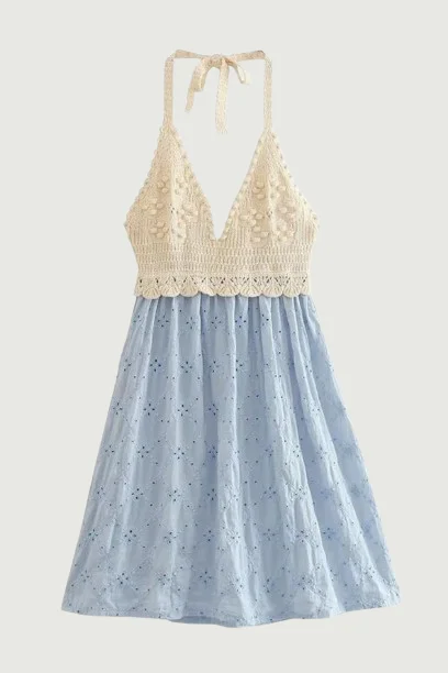Weekend Deal Women Sexy Backless Halter Patchwork Embroidery Knit Dress Summer Mini