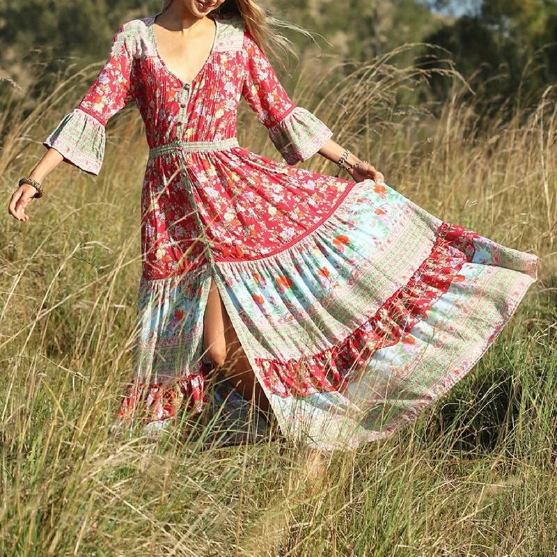 Can't Miss Women's Summer/Autumn V-Neck Long Floral Dress
