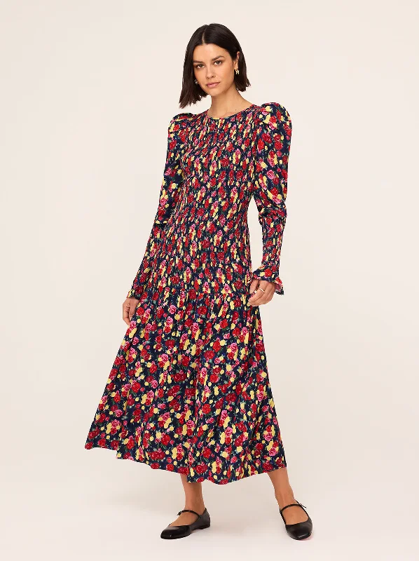Don't Wait Wren Painted Floral Print Shirred Dress