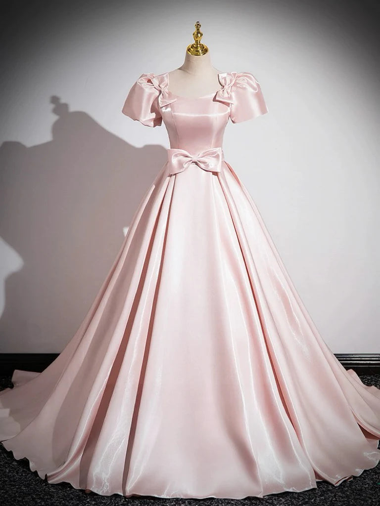 Final Markdown A-Line Satin Pink Quinceanera Dress Long Prom Dress With Bows