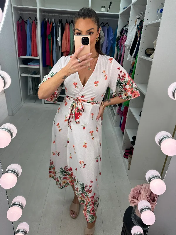 Sale Event Lynn White Floral Dipped Hem Wrap Summer Dress