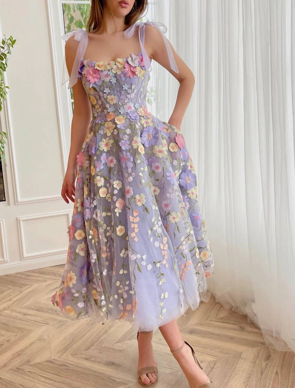 Act Fast A-Line Cocktail Dresses Corsets Dress Wedding Guest Summer Tea Length Sleeveless Scoop Neck Bridesmaid Dress Tulle with Appliques
