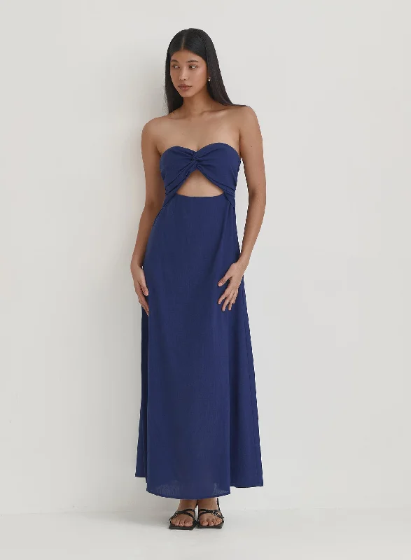 Final Markdown Blue Linen Maxi Cut Out Bandeau Dress- Lainey