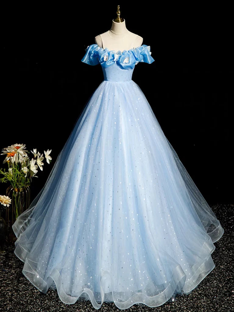 Price Buster Glitter A-Line Off Shoulder Tulle Quinceanera Dress Blue Long Prom Dress Price Buster Glitter A-Line Off Shoulder Tulle Quinceanera Dress Blue Long Prom Dress