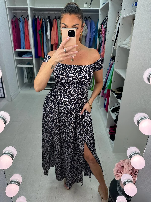 Low Prices Leonn Navy Floral Bardot Split Maxi Dress