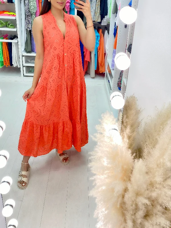 Shop and Save Nessie Sleeveless Broderie Tiered Hem Smock Maxi Dress
