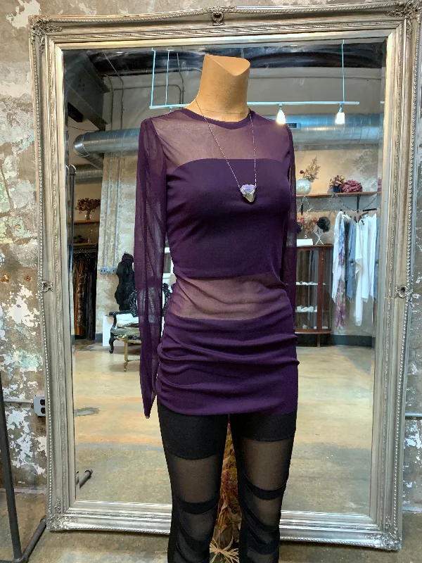 Exclusive Offers Bianca Rachele Distressed Mesh Long Sleeve Mini Dress - Plum