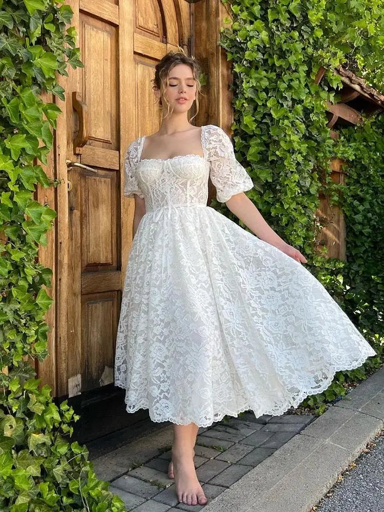 Savings Event Ivory Lace Prom Dresses Square Neck Tea-Length Party Evening Gown Formal Backless Savings Event Ivory Lace Prom Dresses Square Neck Tea-Length Party Evening Gown Formal Backless