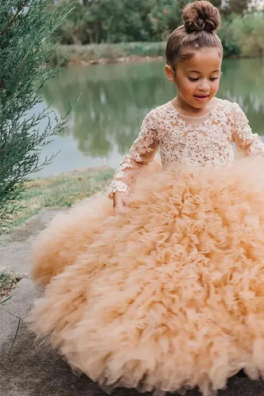 Super Deal Layered Flower Girl Dress For Wedding Applique Puffy Tulle Full Sleeves Lace Birthday Super Deal Layered Flower Girl Dress For Wedding Applique Puffy Tulle Full Sleeves Lace Birthday
