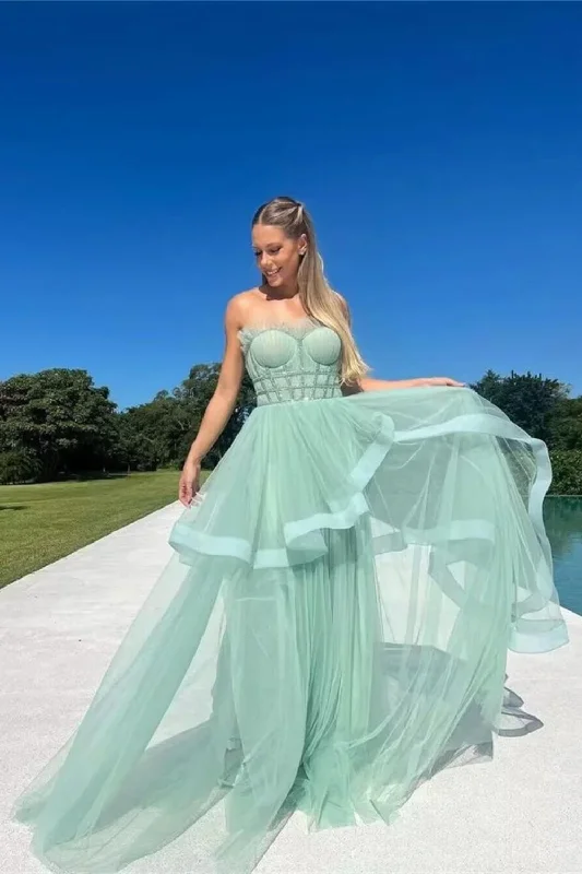 Limited Availability Light Green Strapless Prom Dress Tulle Wedding Dresses Elegant Limited Availability Light Green Strapless Prom Dress Tulle Wedding Dresses Elegant