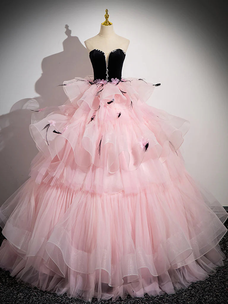 Bargain Bin Pink Sweetheart Neck Tulle Strapless Long Layered Prom Dress Quinceanera Dress Bargain Bin Pink Sweetheart Neck Tulle Strapless Long Layered Prom Dress Quinceanera Dress